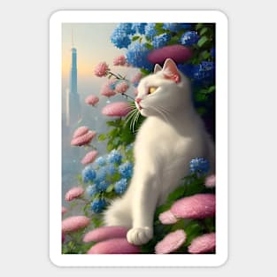 Anime White Cat Surrounded by Pink and Blue Flowers. Tokyo Background. Sticker